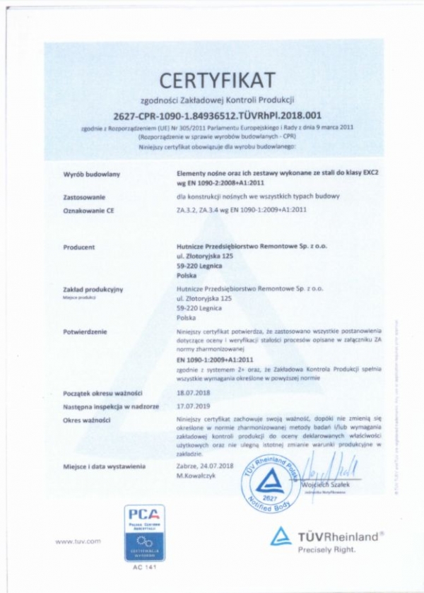 Certyfikat zgodności Zakładowej Kontroli Produkcji
