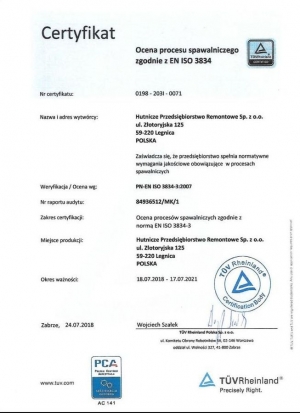 Certyfikat - ocena procesu spawalniczego