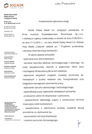 List referencyjny - KGHM Oddział Huta Miedzi &quot;Cedynia&quot;