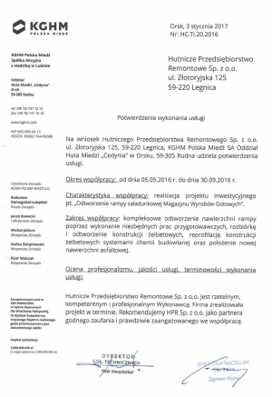 List referencyjny - KGHM Oddział Huta Miedzi &quot;Cedynia&quot;
