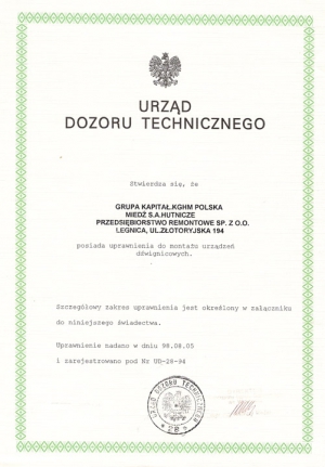 Uprawnienia do montażu urządzeń dźwigowych  Nr UD 28-94